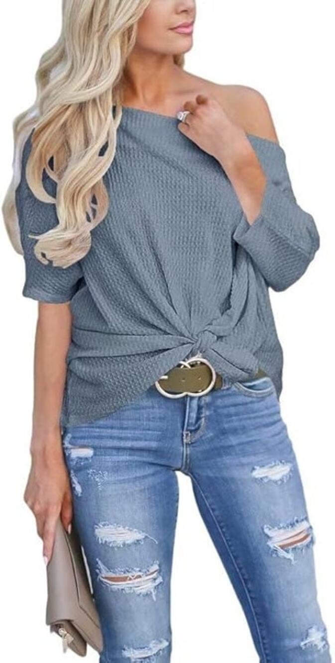 Women’s XL Blue Waffle Knit Off Shoulder Knot Batwing Top Shirt